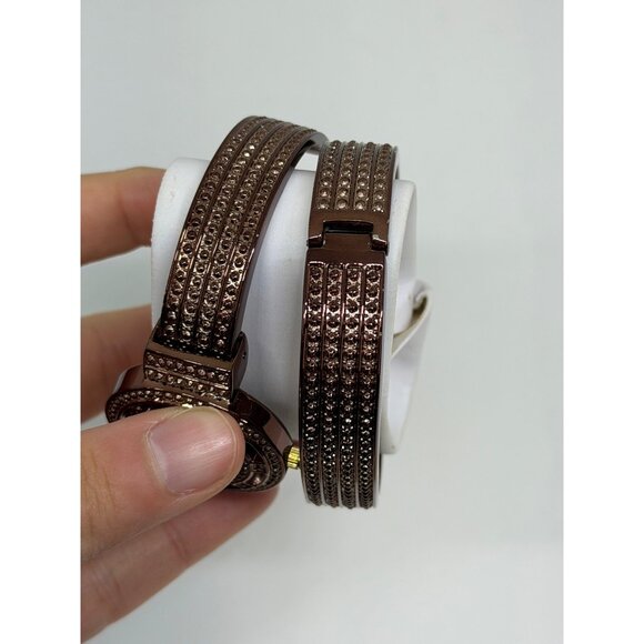 VTG Rhinestone Women Cuff Watch & Bangle Set Bronze Tone Quartz Bracelet Stylish - Picture 5 of 5